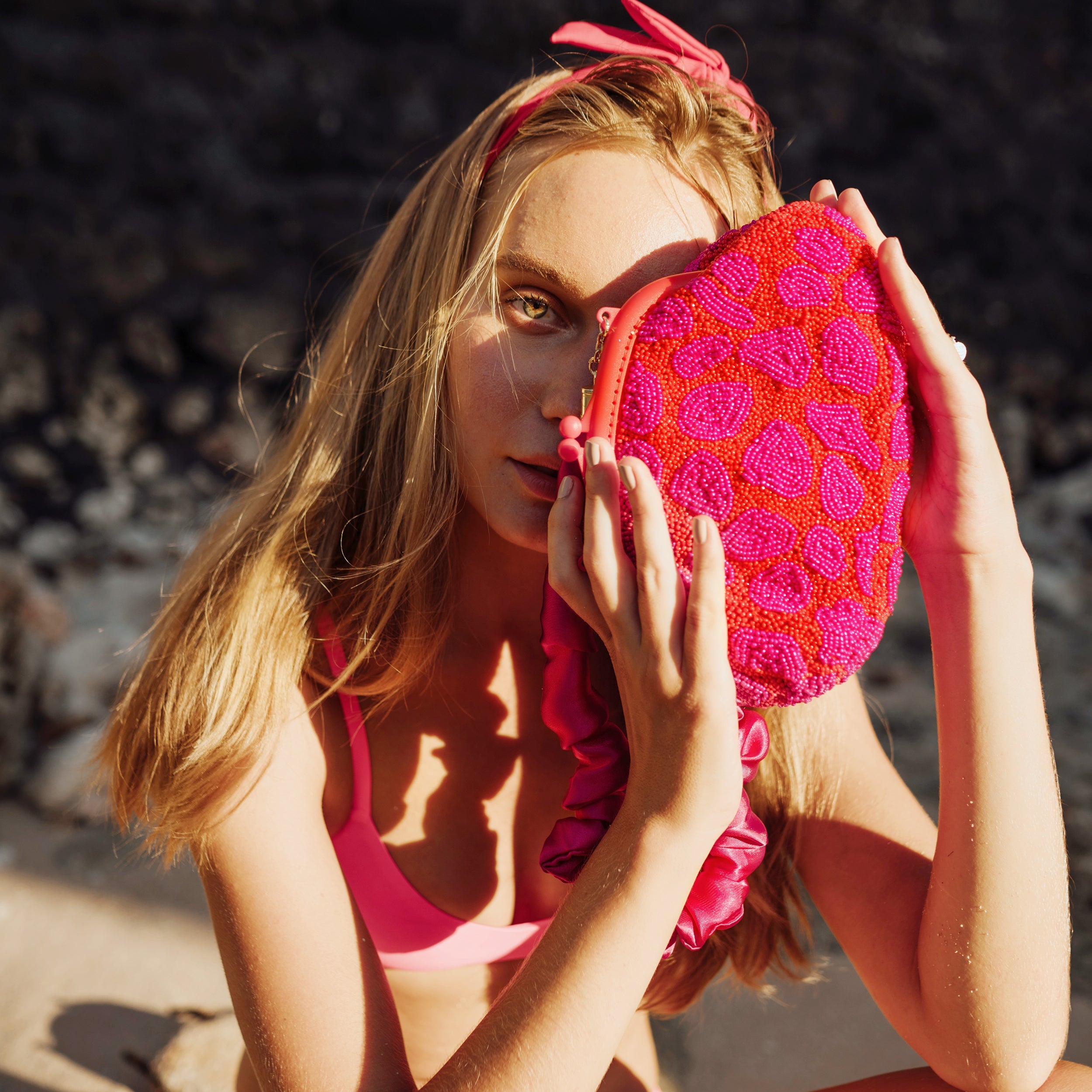 The Arnoldi Jean Hand-beaded Clutch, in Red & Pink