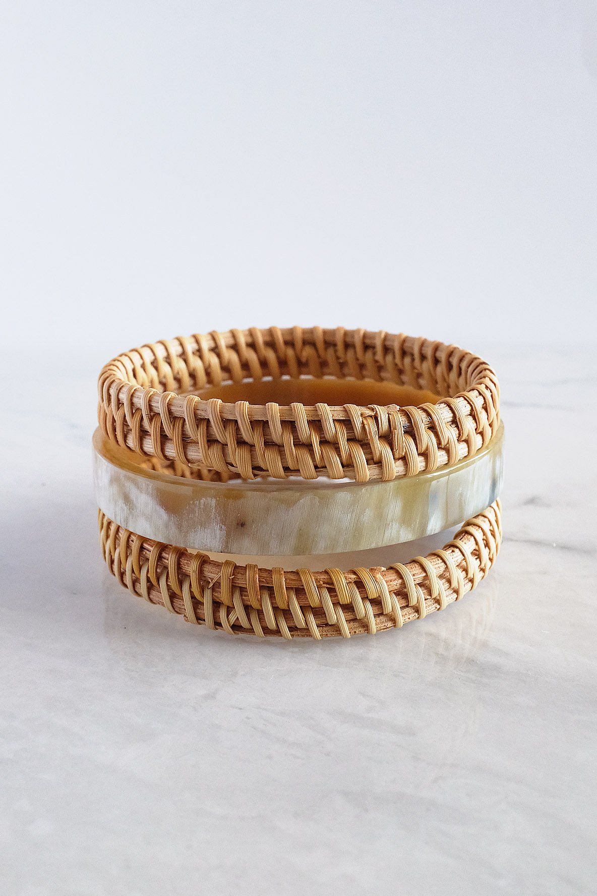 Thuy Binh Buffalo Horn & Handwoven Rattan Bangle Bracelets (3pcs)