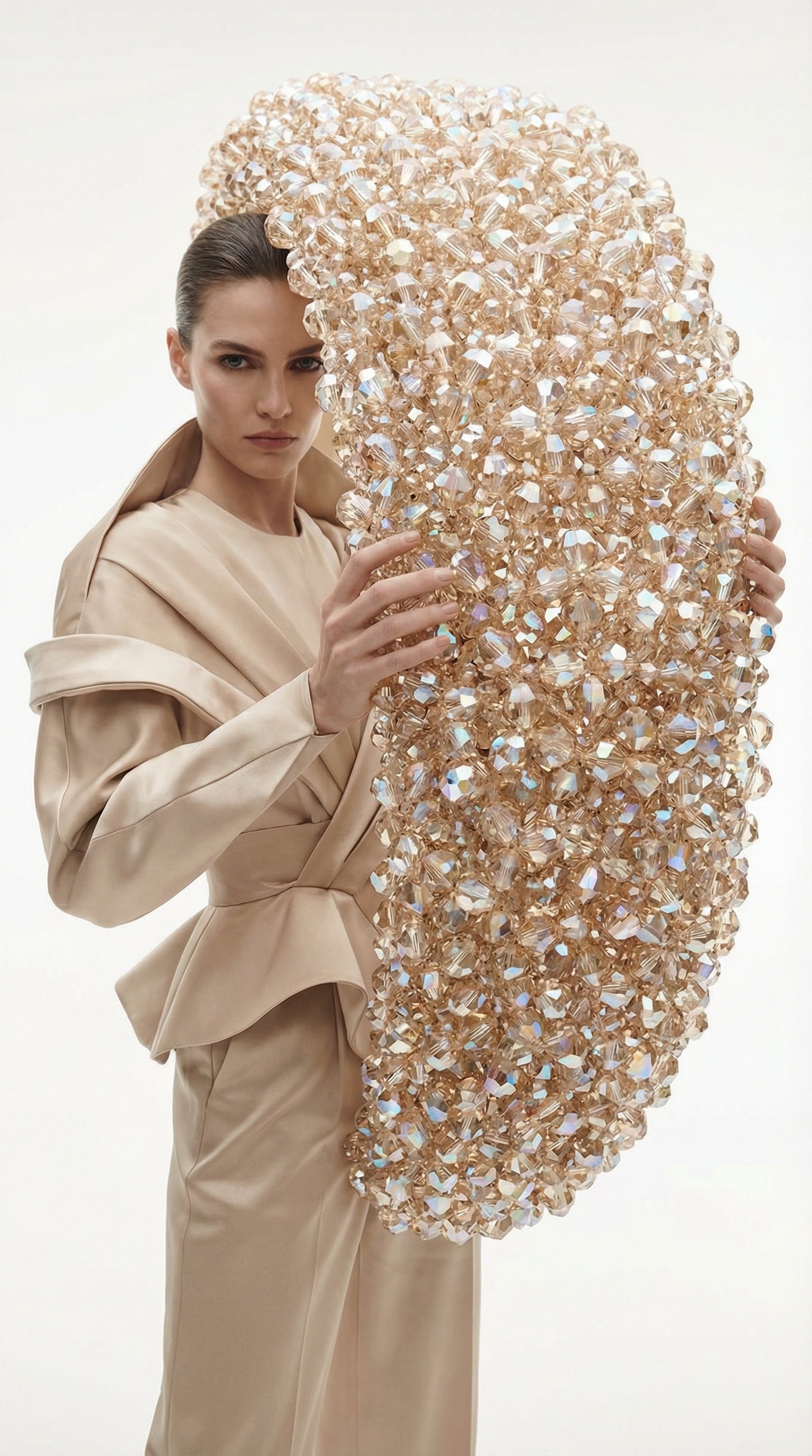 CROWN Glass Crystal Beads Headband In Champagne Beige